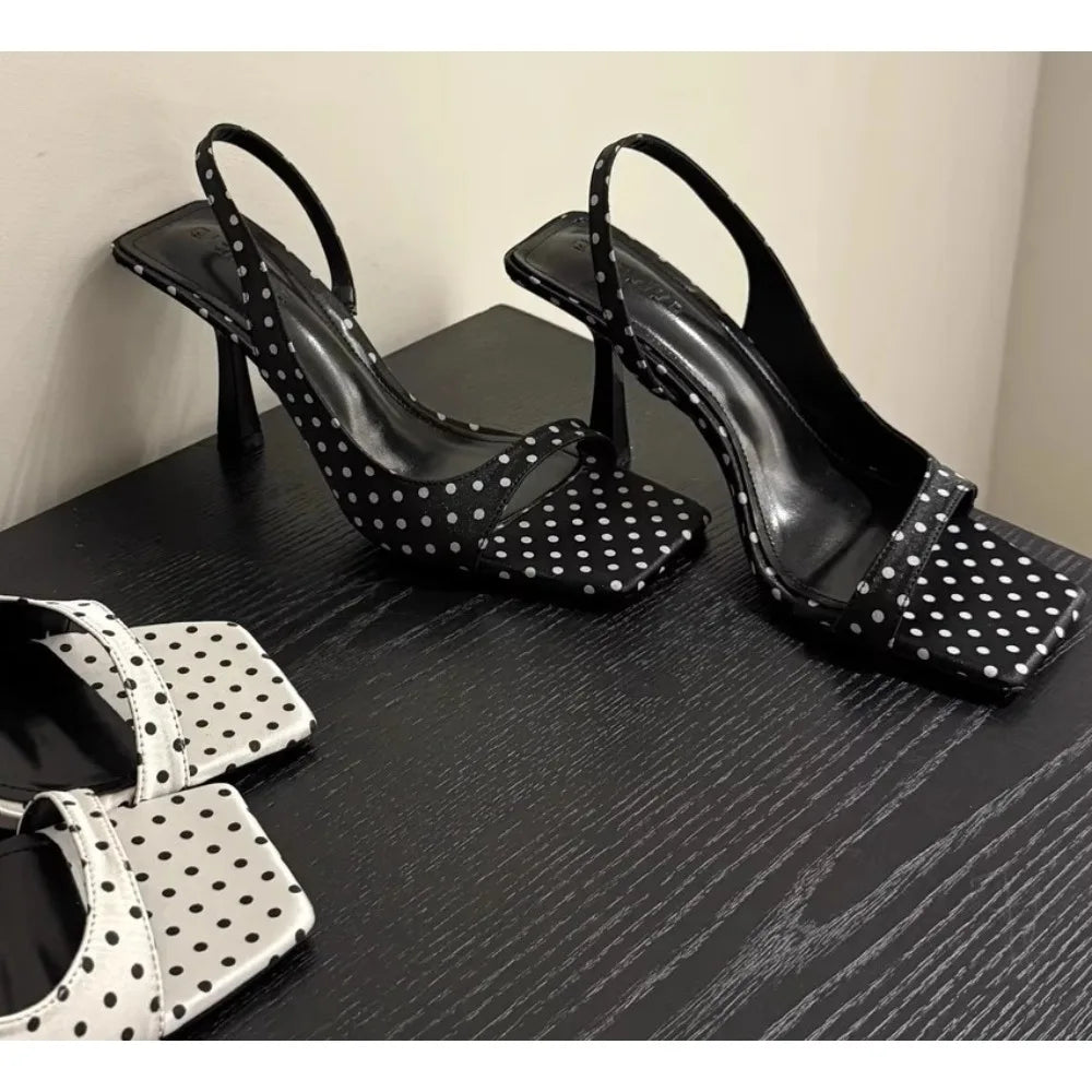 Women’s polka dot square toe summer open toe heels.