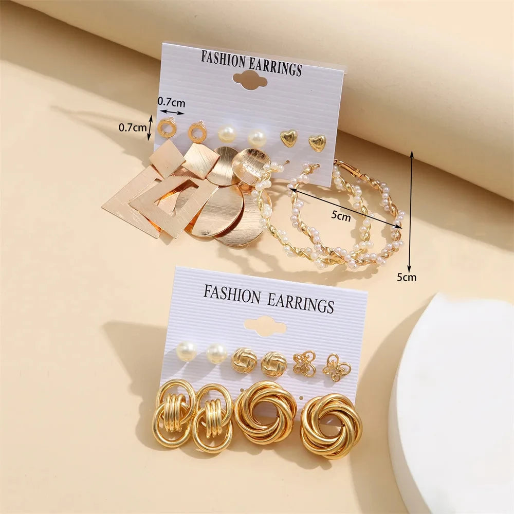 Women's Gold Twist Pearl Hoop & Heart Dangle Earring Set