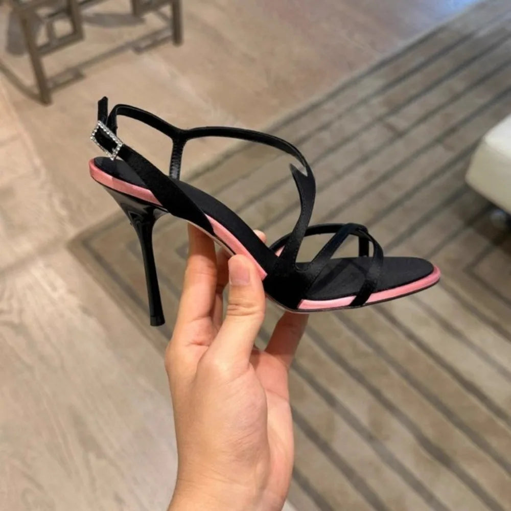 Satin color block stiletto high heels with one belt.
