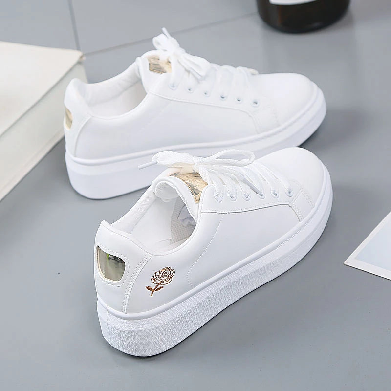 Women’s leather casual shoes, embroidered white sneakers, breathable flower lace-up.