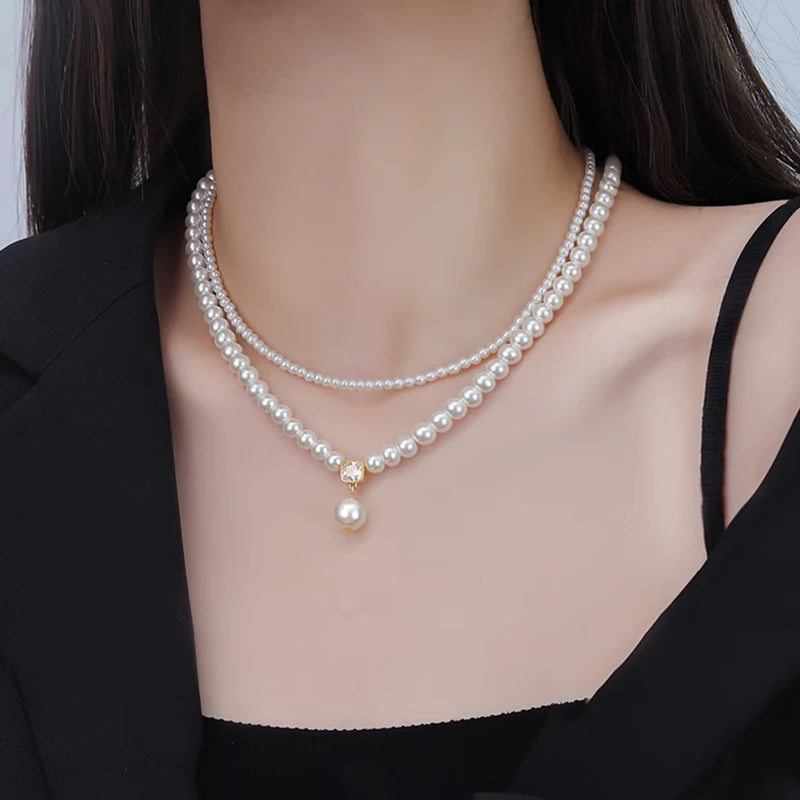 Women's Double Layer Pearl Bead Collarbone Necklace