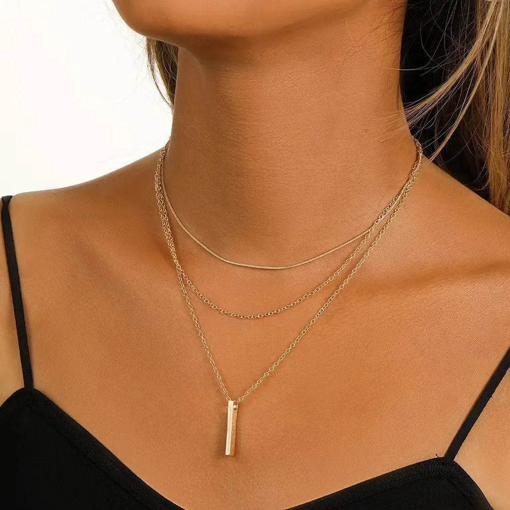 Women's 925 Silver Three-Layer Strip Pendant Collarbone Chain