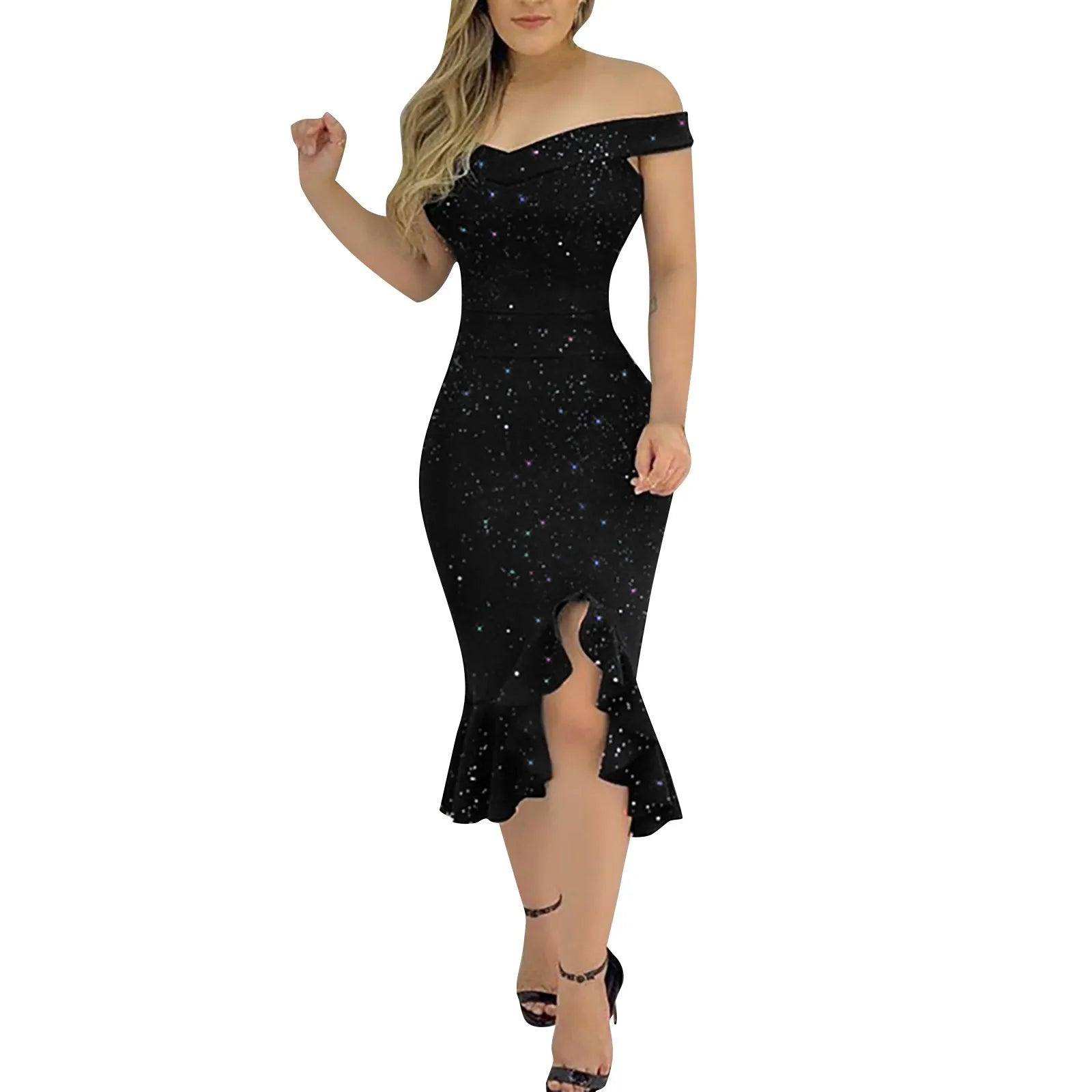 Women's Off-Shoulder Split Ruffle Bodycon Dress