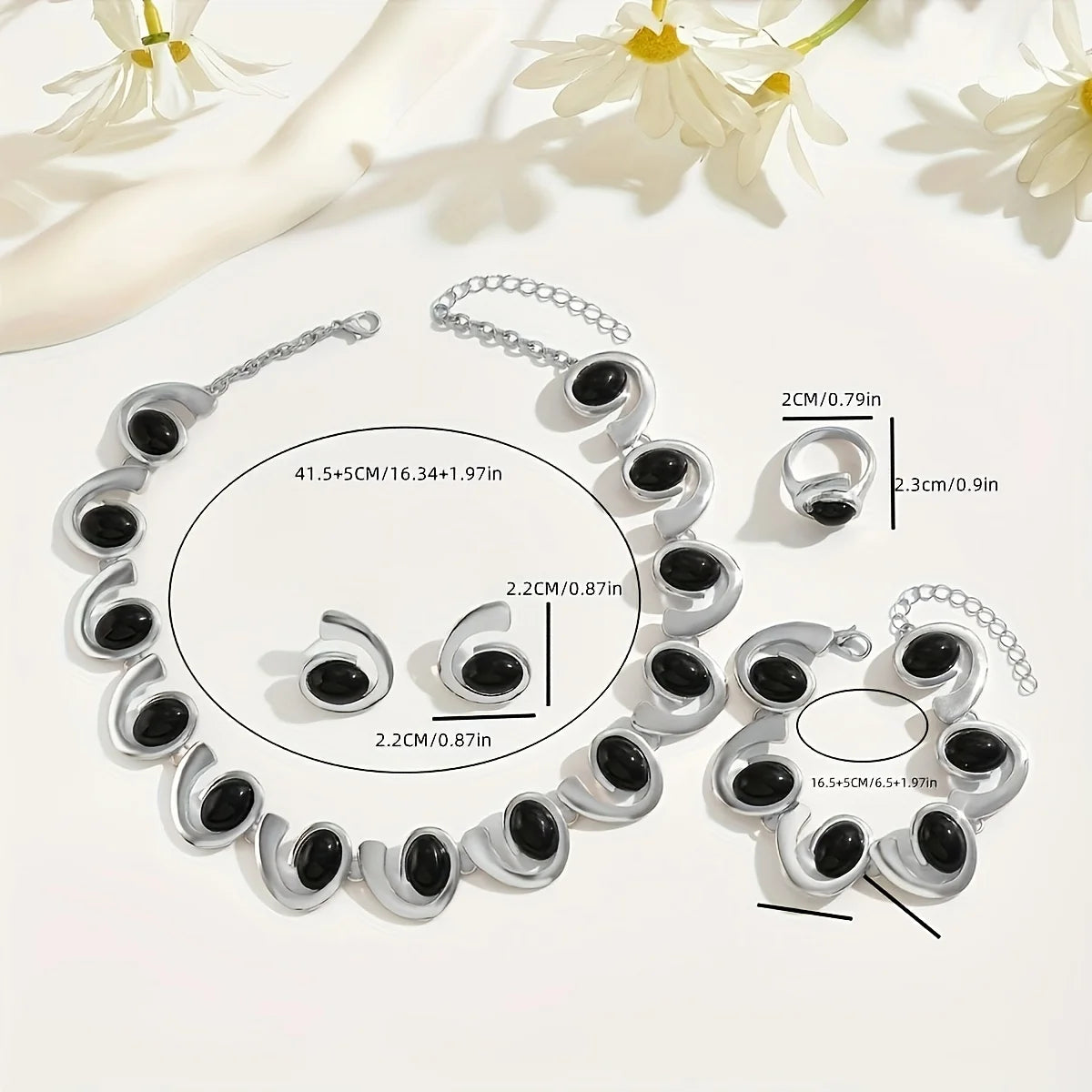 Women's Silver Geometric Black Acrylic Jewellery Set 4pcs