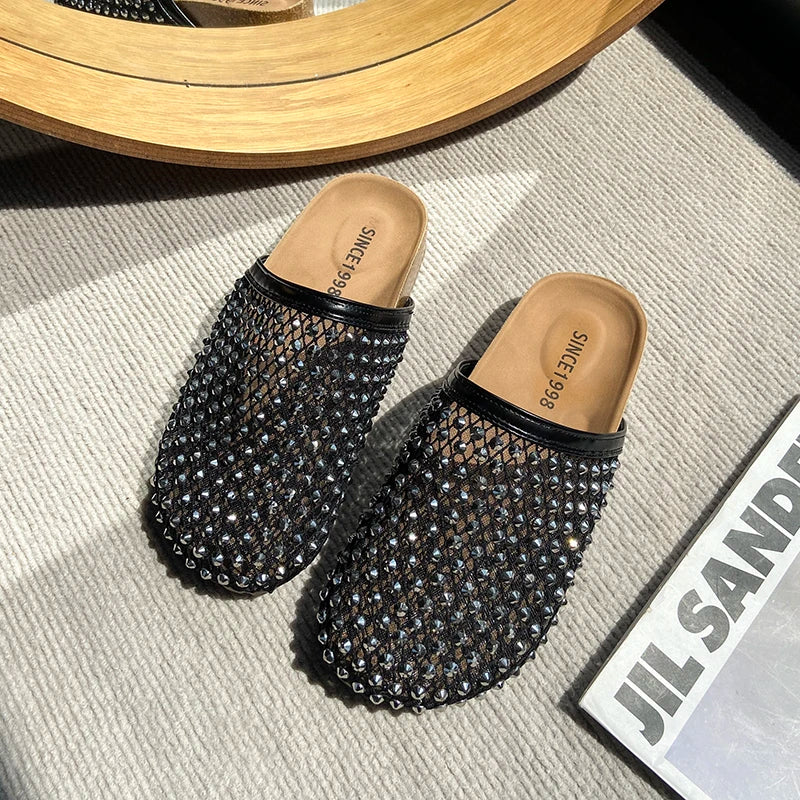 Women Slippers Summer 2025 New Luxury Brand Slippers Lightweight Round Head Shoes Water Diamond Large Flat Sandals Slides Women