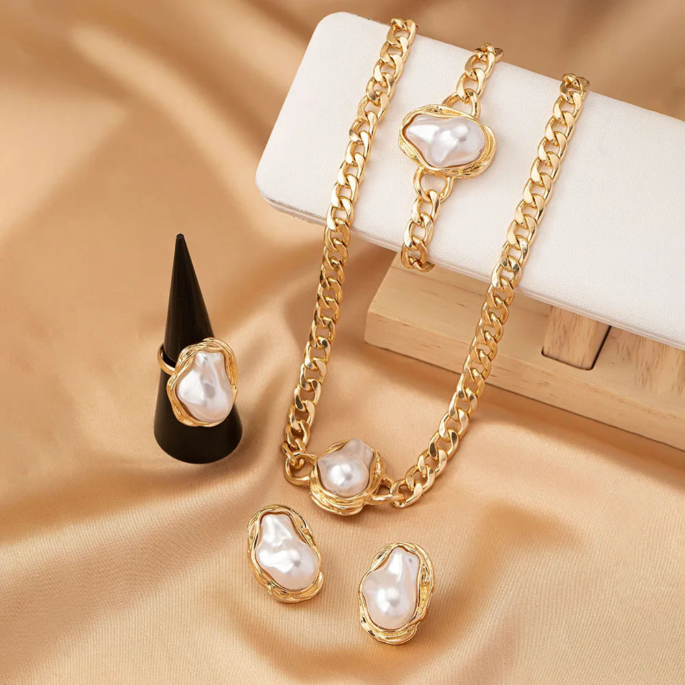 Women's Korean Pearl Choker Earring Ring Bracelet Set 4pcs