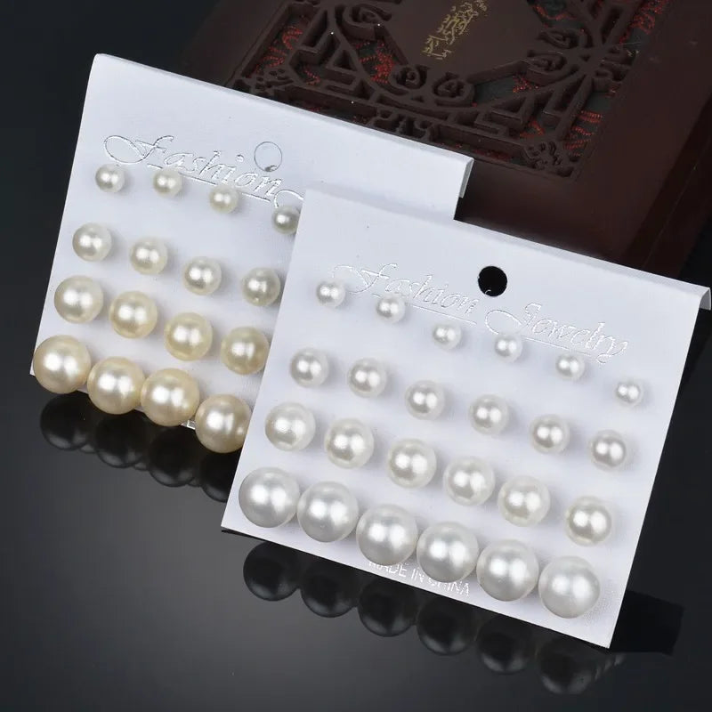 Pearl Stud Earrings Set (12 pairs)