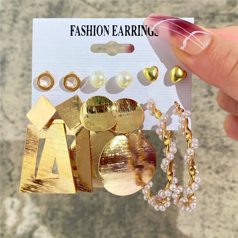 Women's Bohemian Pearl & Gold Geometric Drop Earring Set