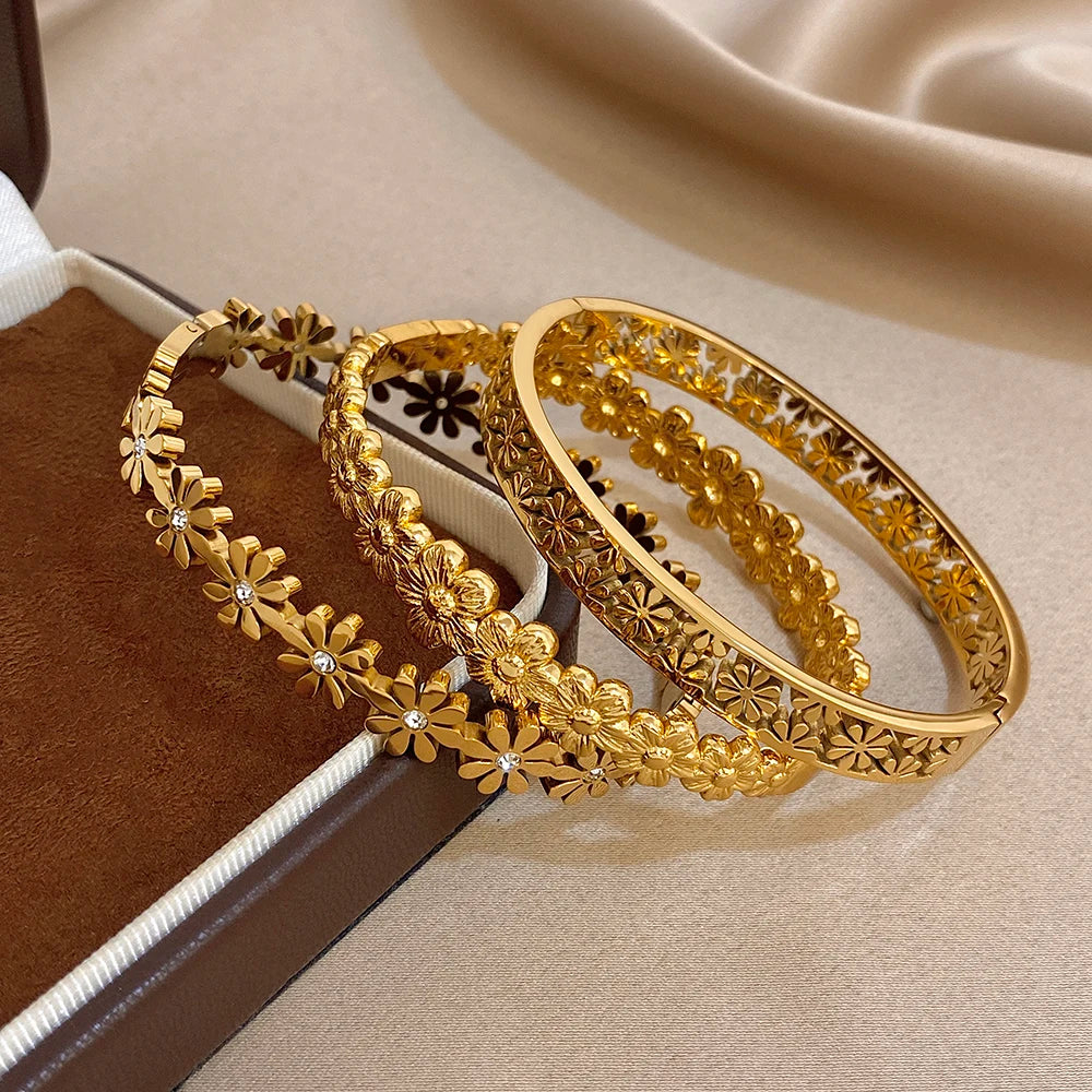 Women's Stainless Steel Hollow Floral Cuff Bangle
