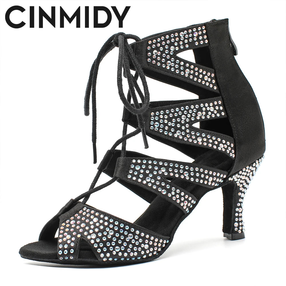 Women’s diamond dance shoes with Cuban heel for ballroom, tango, salsa, and Latin dancing.