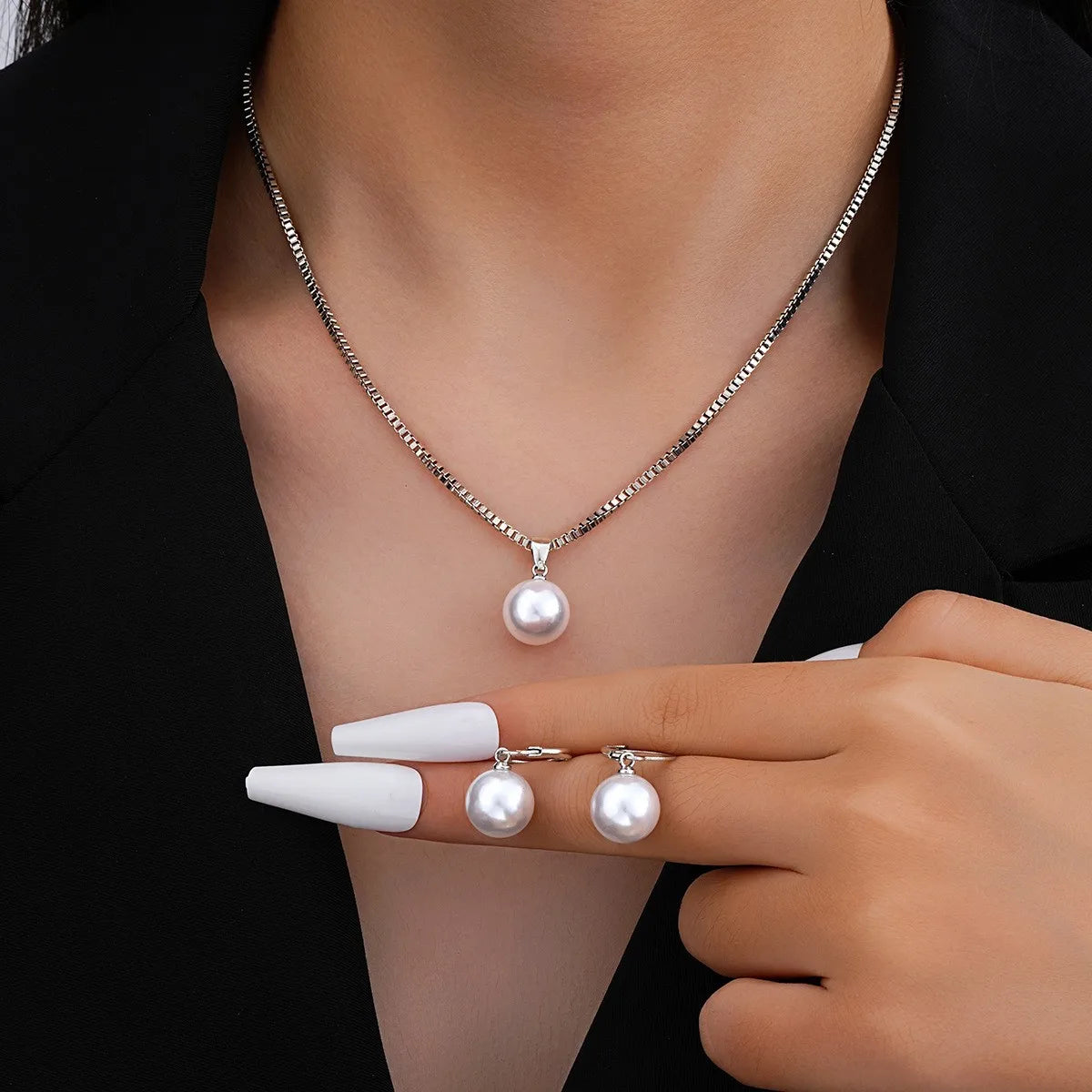 Women's Pearl Pendant Rhinestone Earring Wedding Set 3pcs