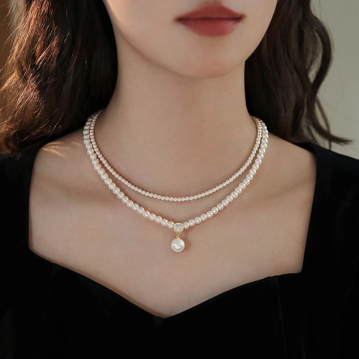 Women's Double Layer Pearl Bead Collarbone Necklace