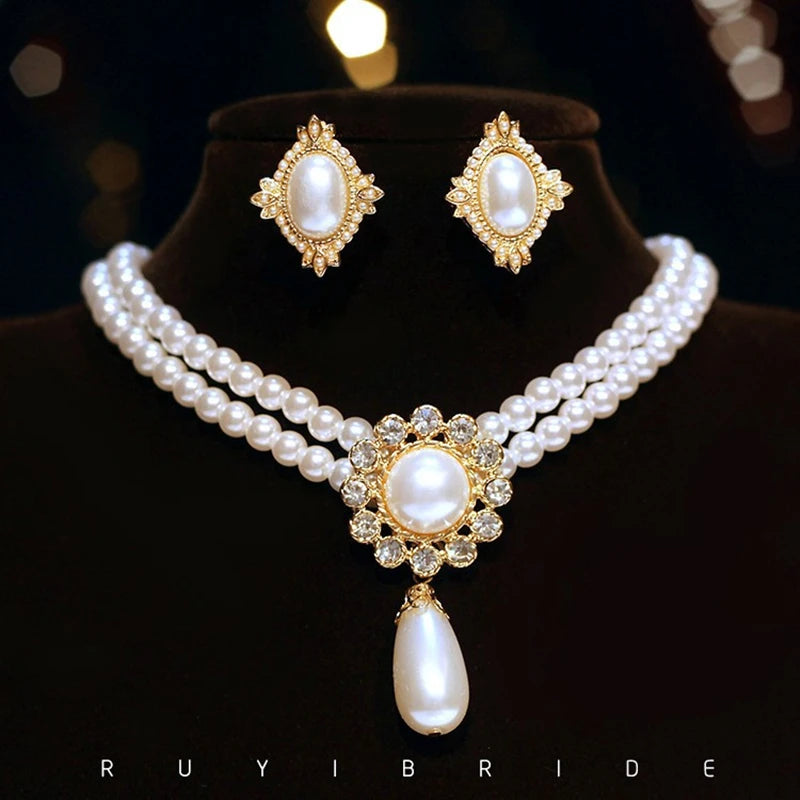 Women's Vintage Palace Full Pearl Pendant Necklace & Earrings