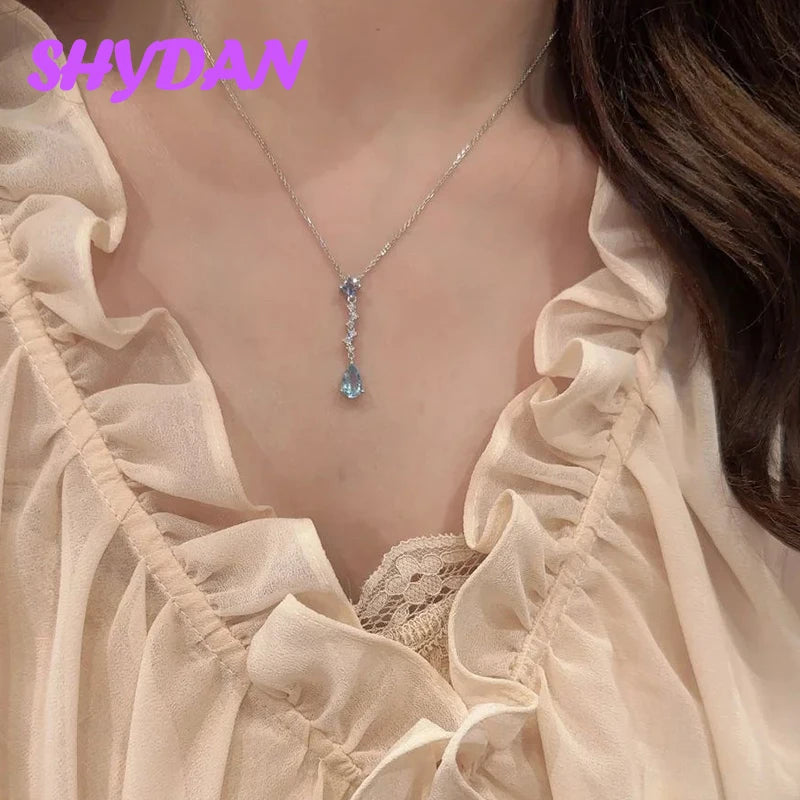 Women's 925 Silver Mermaid Blue Aquamarine Long Necklace
