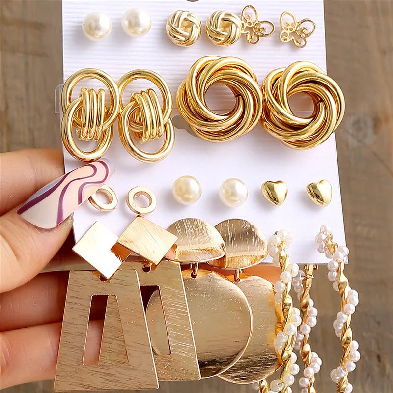 Women's Bohemian Pearl & Gold Geometric Drop Earring Set