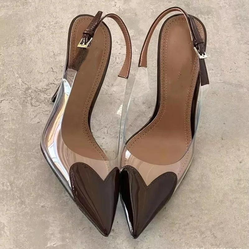 Women’s sandals, pointed toe, shallow mouth, sweet love shape, transparent PVC, thin high heels.