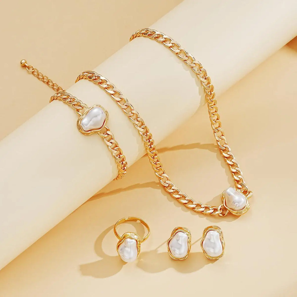 Women's Korean Pearl Choker Earring Ring Bracelet Set 4pcs