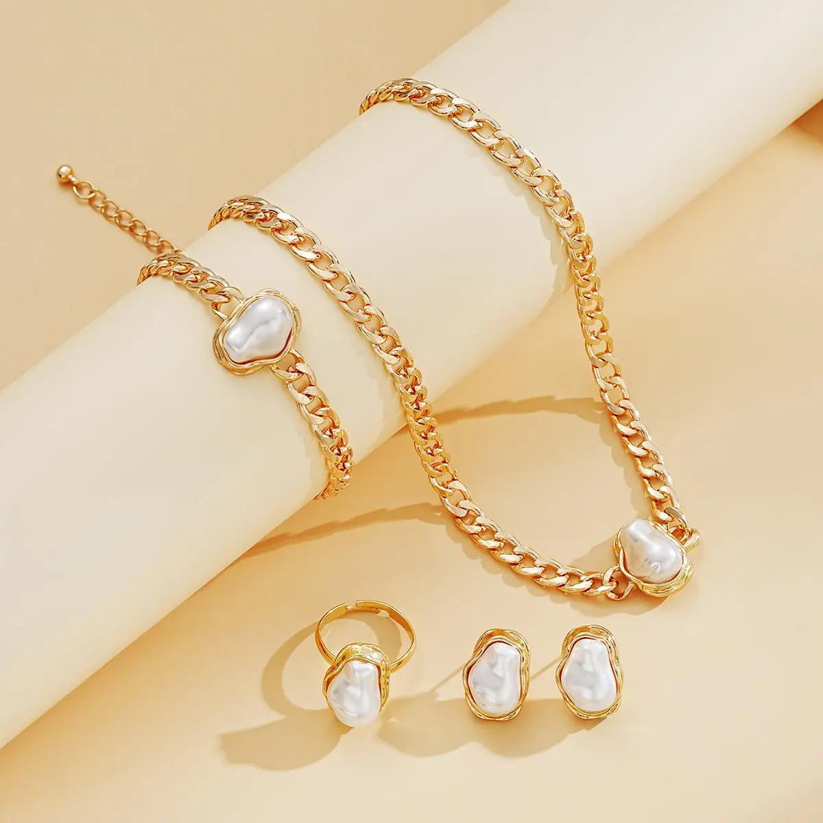 Women's Korean Pearl Choker Earring Ring Bracelet Set 4pcs