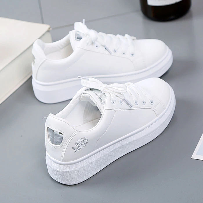 Women’s leather casual shoes, embroidered white sneakers, breathable flower lace-up.