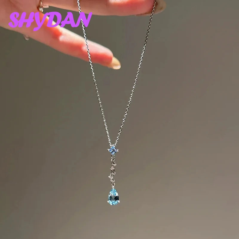Women's 925 Silver Mermaid Blue Aquamarine Long Necklace