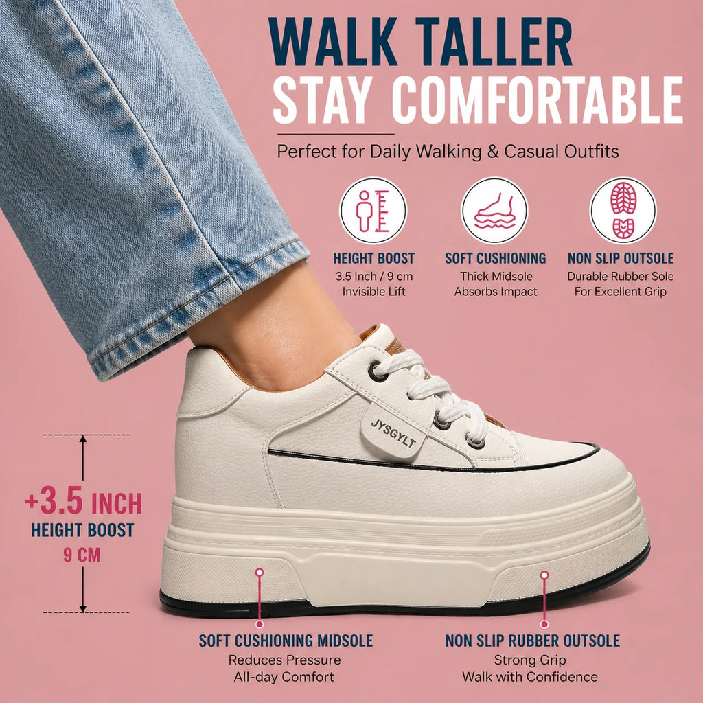 Fujin Hidden Heel Shoes: 9cm platform, comfortable, casual, chunky wedge sneakers.