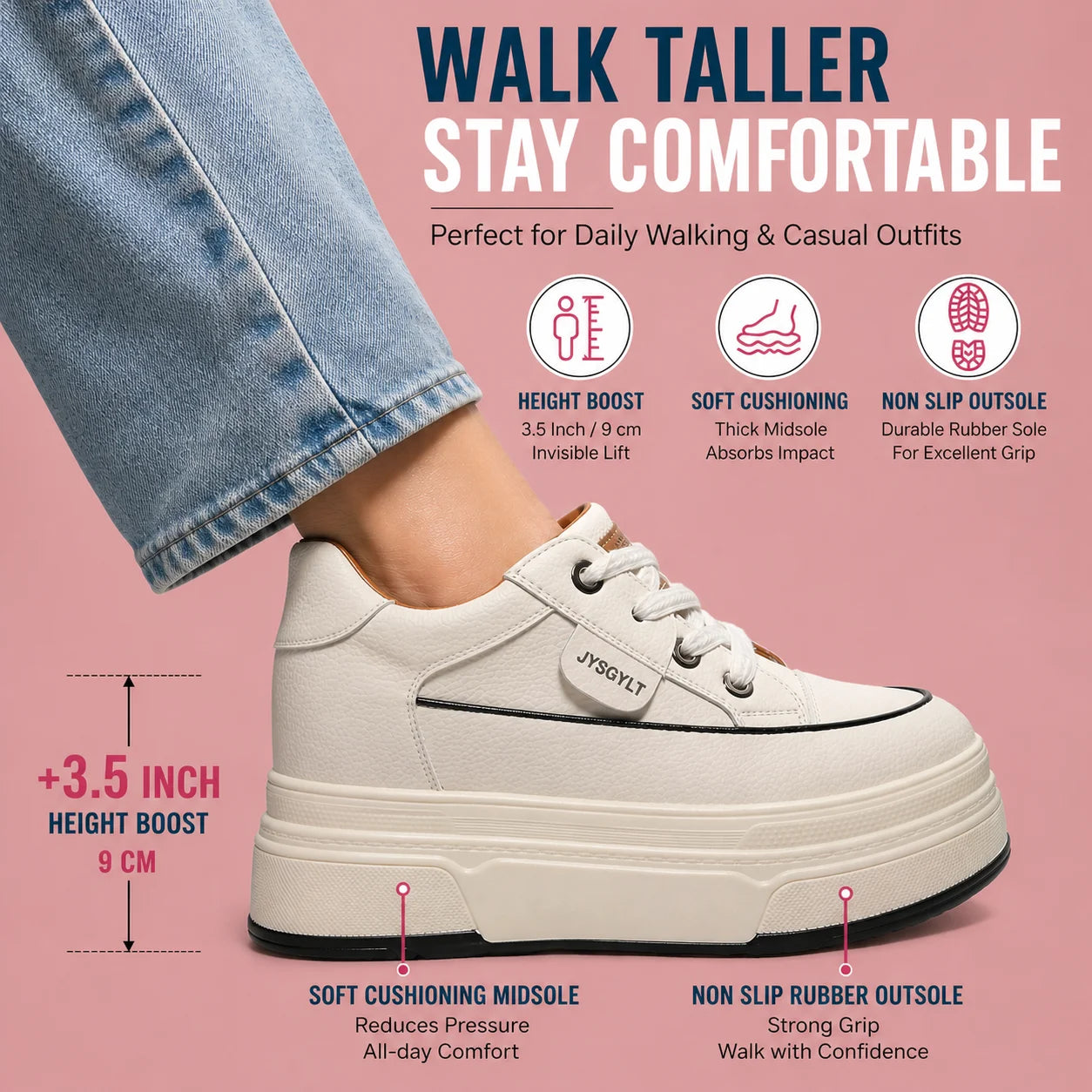 Fujin Hidden Heel Shoes: 9cm platform, comfortable, casual, chunky wedge sneakers.