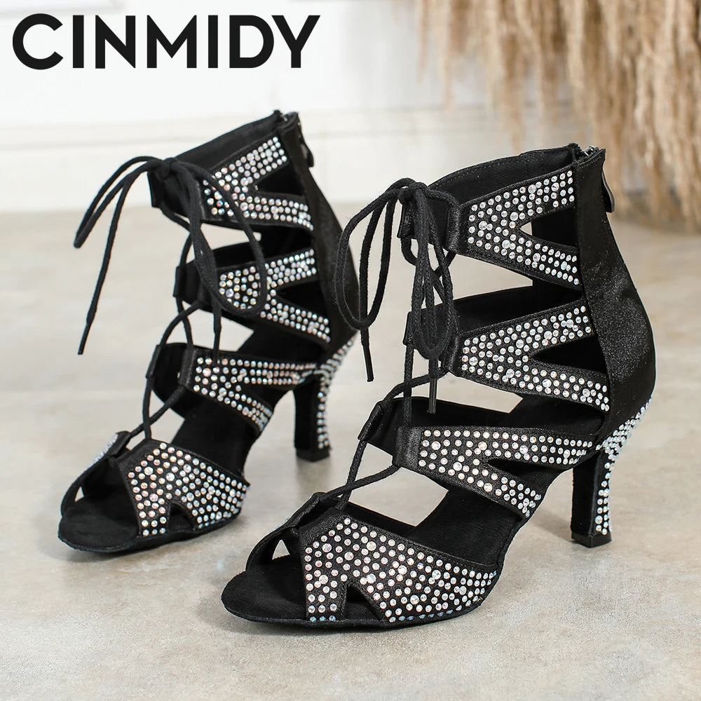 Women’s diamond dance shoes with Cuban heel for ballroom, tango, salsa, and Latin dancing.