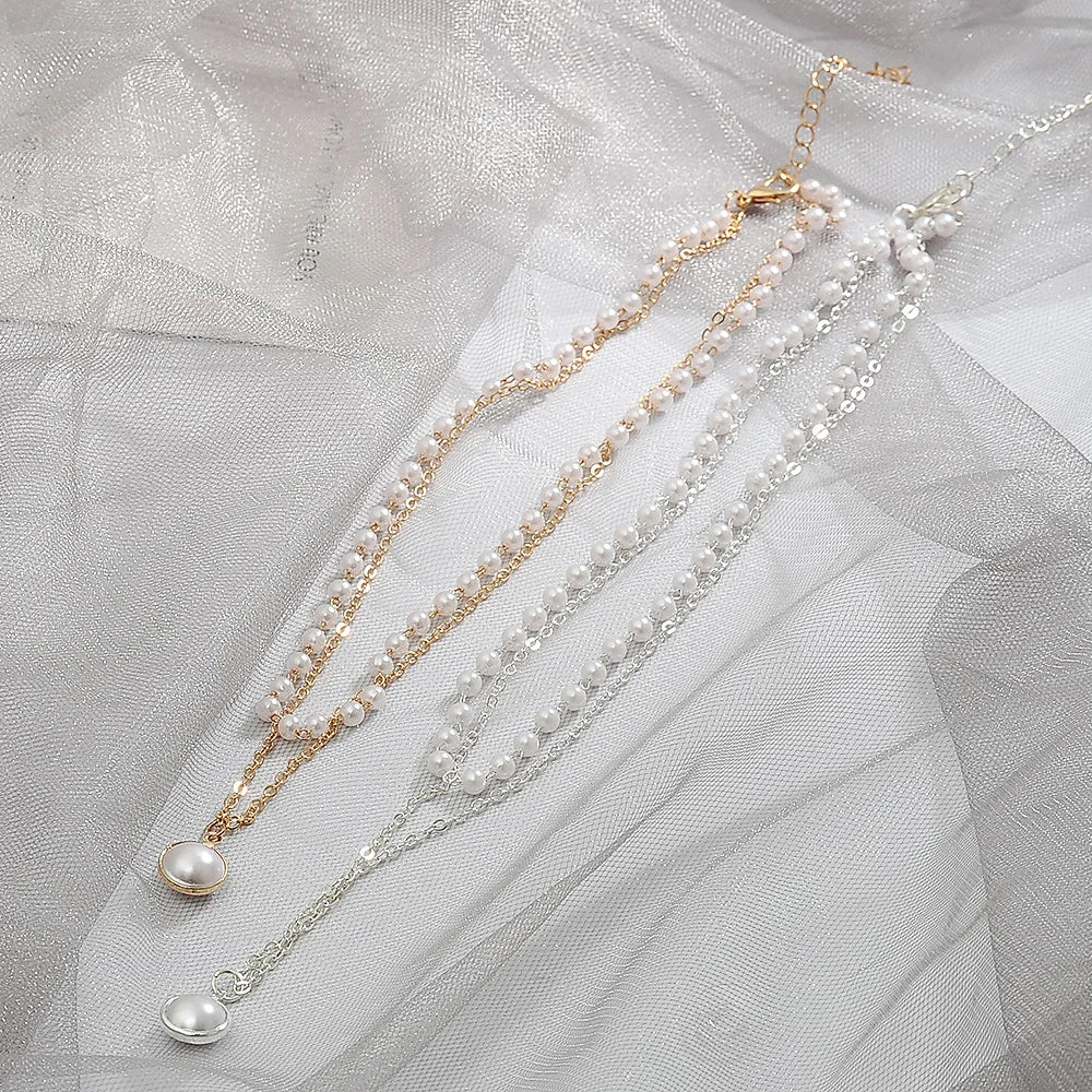 Women's Vintage Gold Pearl Beaded Double Chain Choker