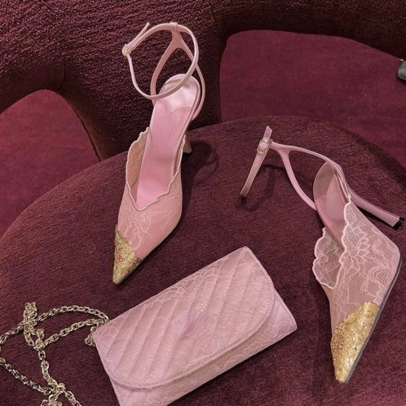 Women’s pumps with lace, sequins, and mesh.