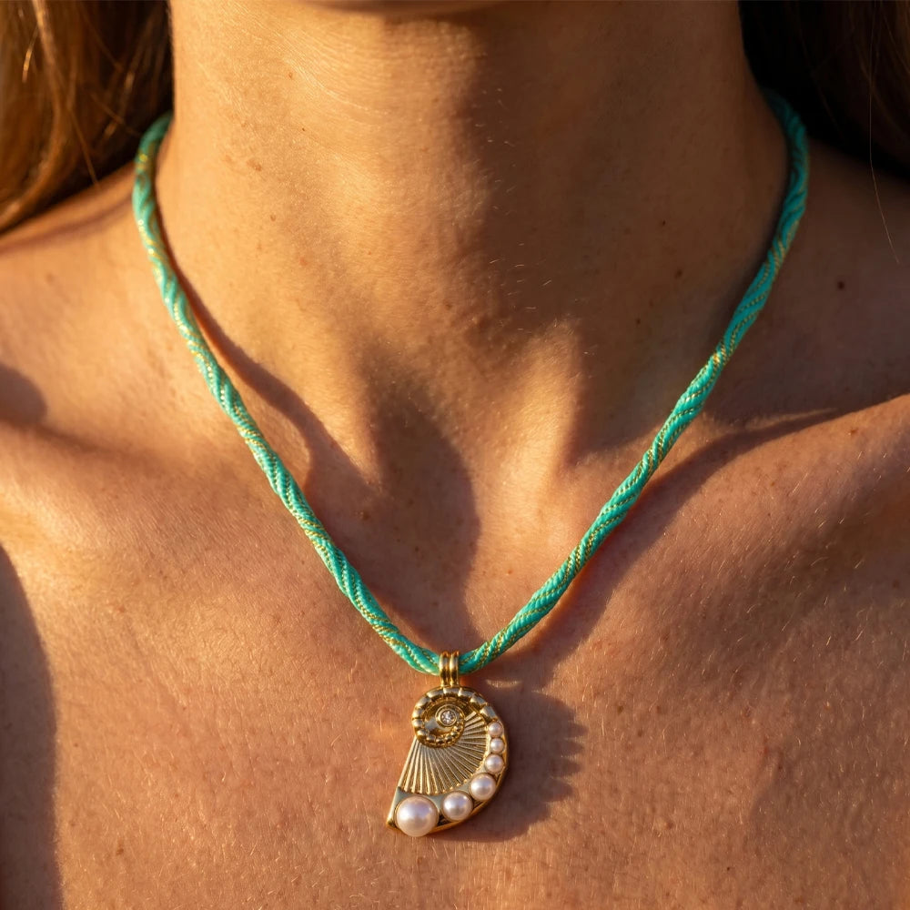 Stainless Steel Gold Color Zircon Pearl Shell Pendant Necklace for Women Green Braided Rope Choker Summer Beach Jewelry Gift
