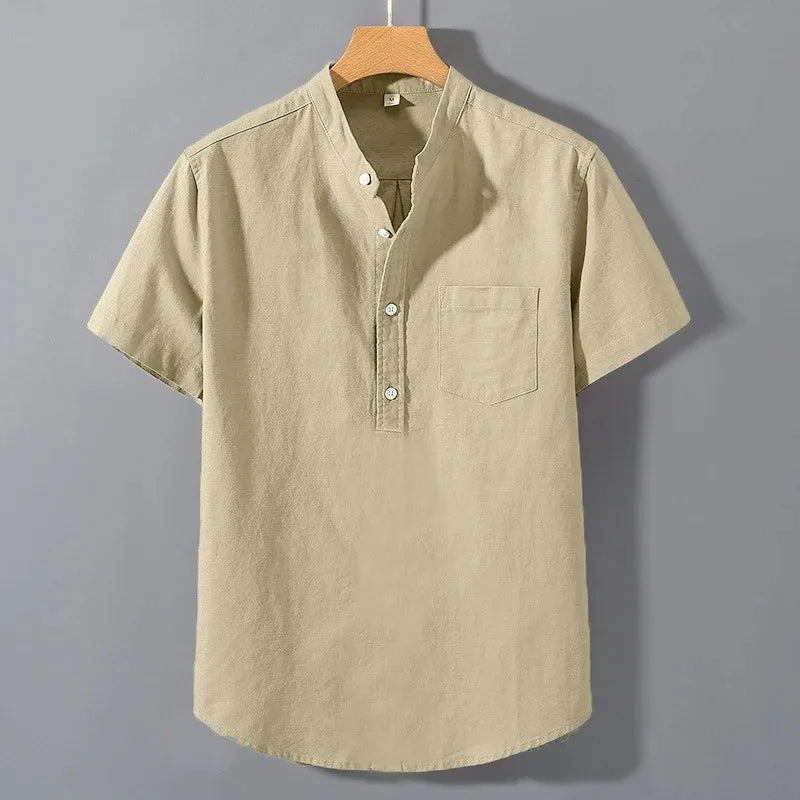 Men's Stand Collar Cotton Pocket T-Shirt