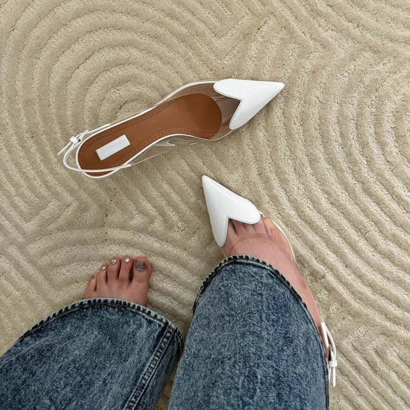 Women’s sandals, pointed toe, shallow mouth, sweet love shape, transparent PVC, thin high heels.