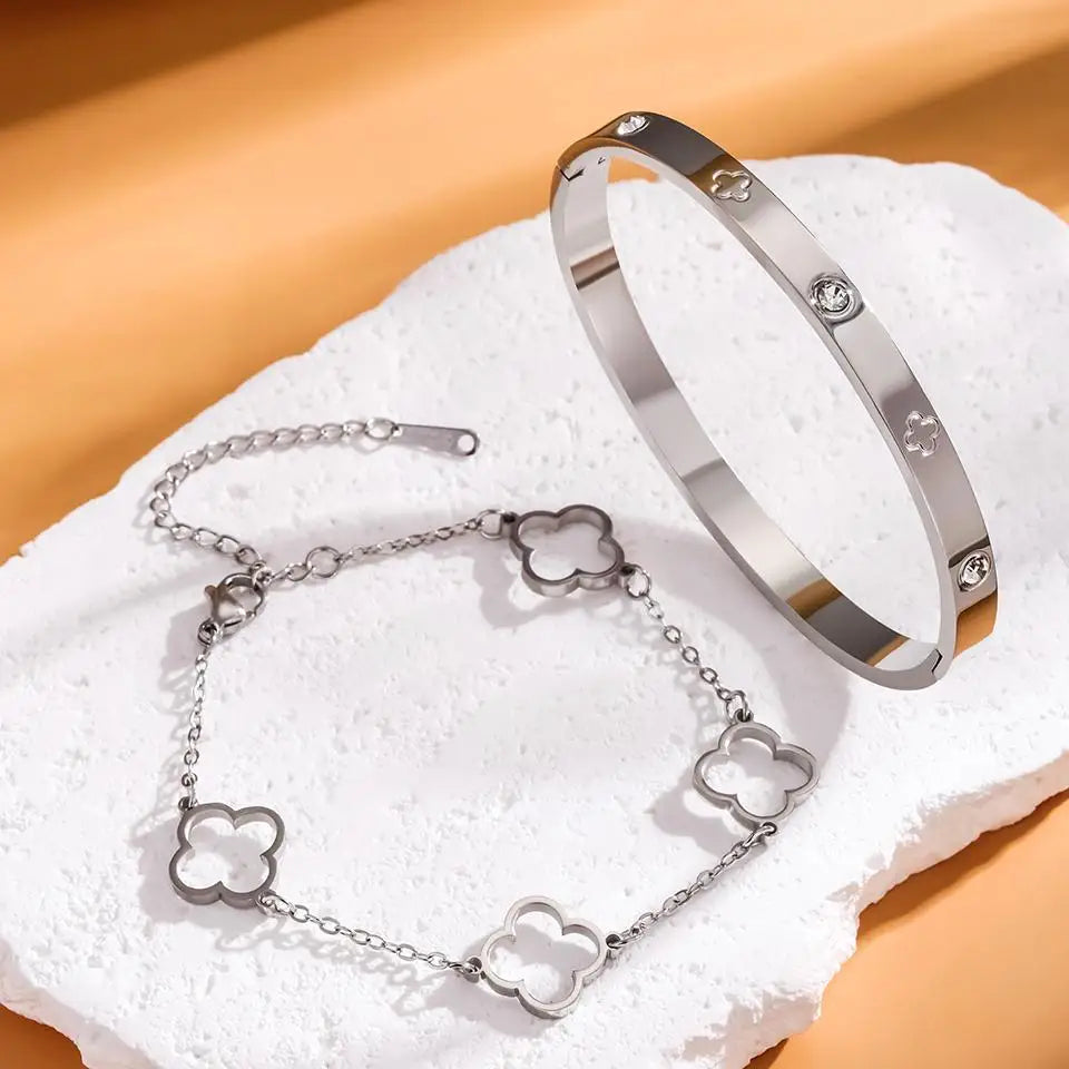 Women's Lucky Clover & Heart Zircon Bracelet Set 2pcs