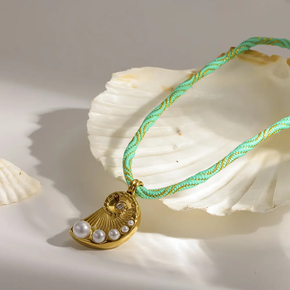 Stainless Steel Gold Color Zircon Pearl Shell Pendant Necklace for Women Green Braided Rope Choker Summer Beach Jewelry Gift