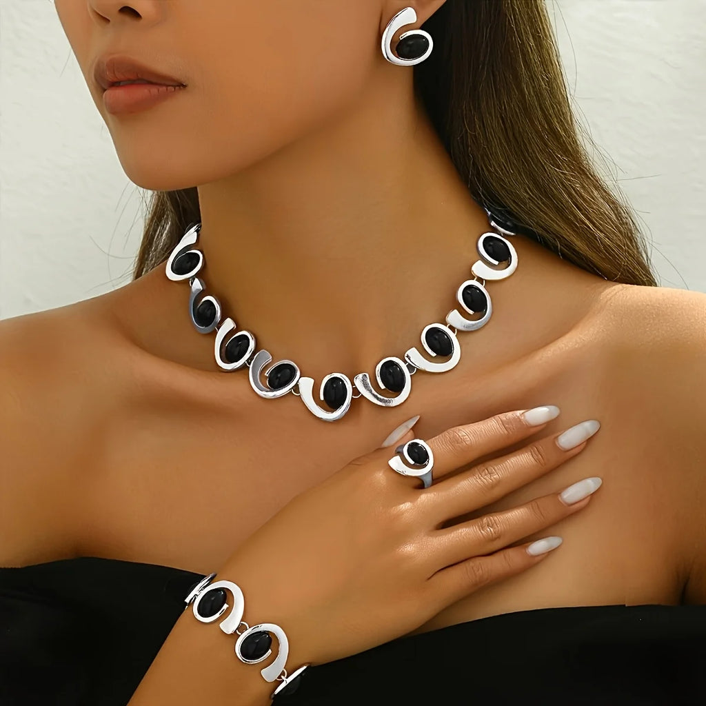 Women's Silver Geometric Black Acrylic Jewellery Set 4pcs
