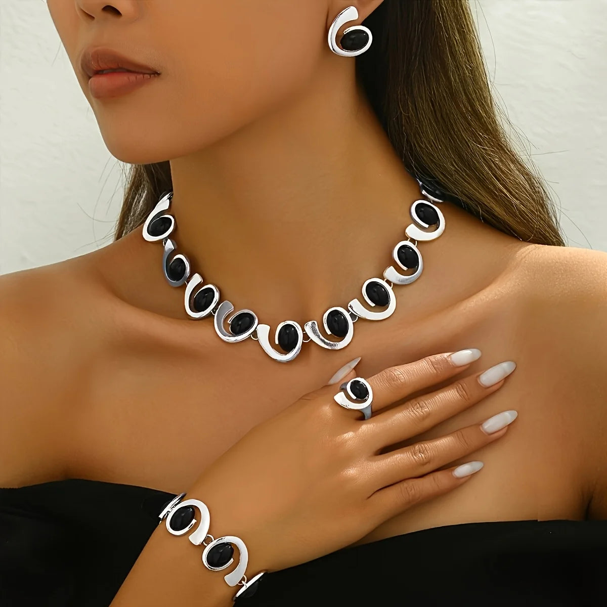 Women's Silver Geometric Black Acrylic Jewellery Set 4pcs