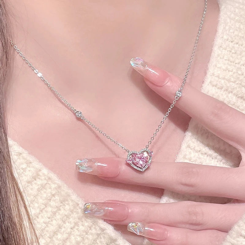 Women's 925 Silver Luxury Zircon Sweet Heart Pendant Necklace