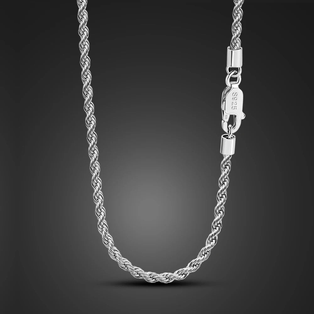 Unisex 925 Silver Twist Rope Diamond Cut Chain Necklace