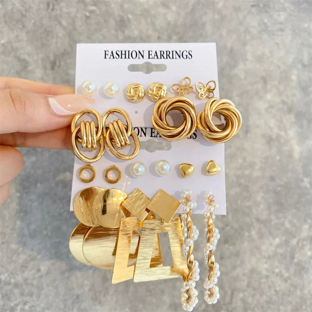 Women's Gold Twist Pearl Hoop & Heart Dangle Earring Set