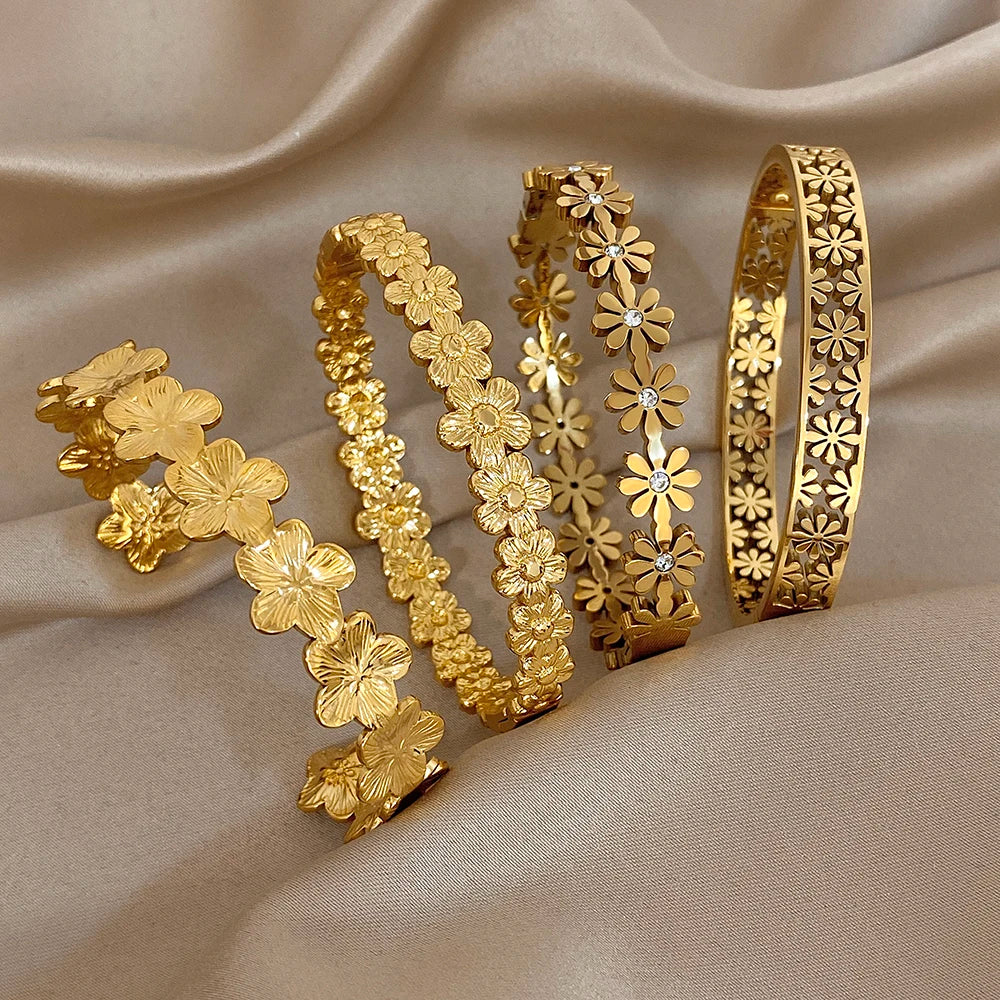 Women's Stainless Steel Hollow Floral Cuff Bangle