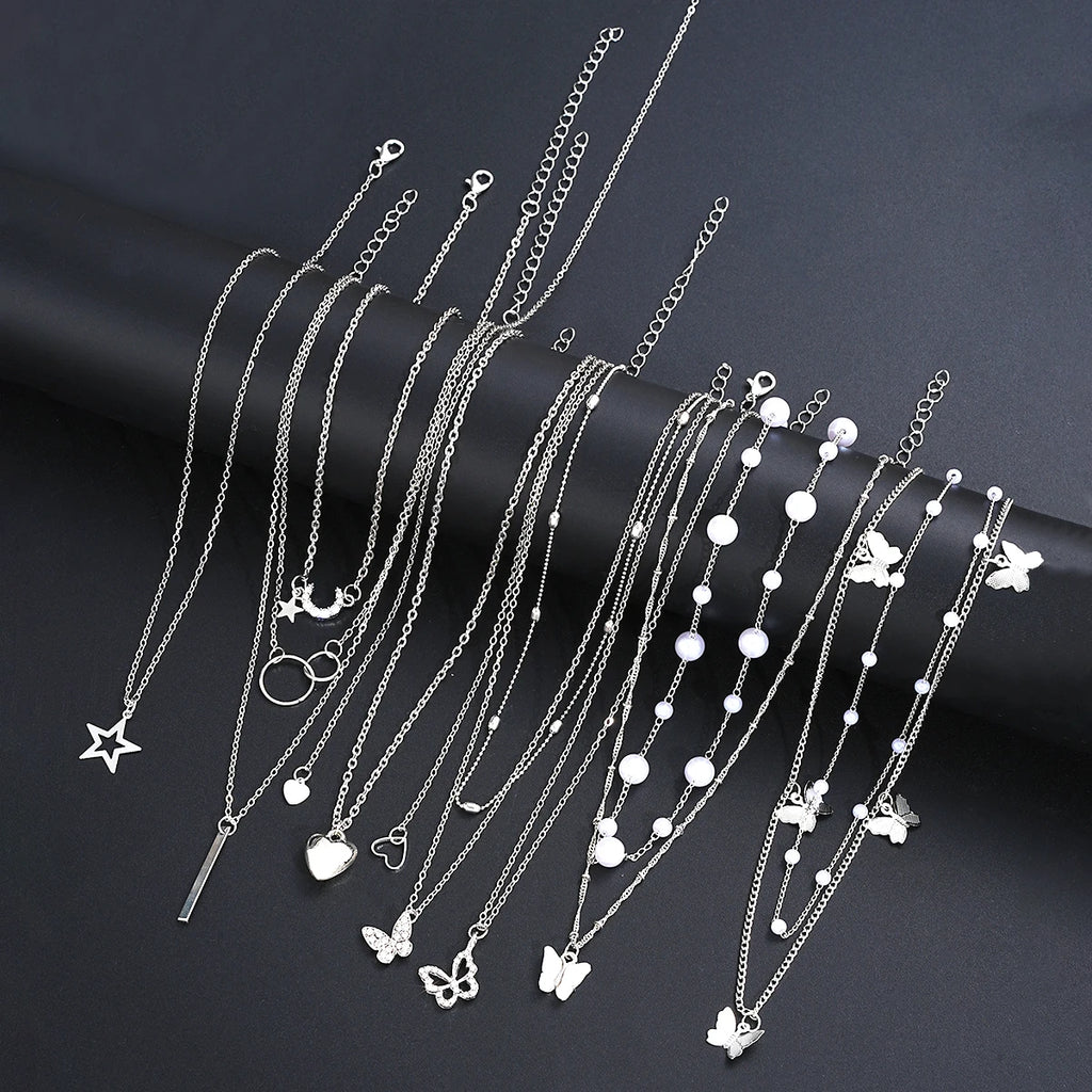 Women's Heart Butterfly Moon Star Pearl Necklace Set 11pcs