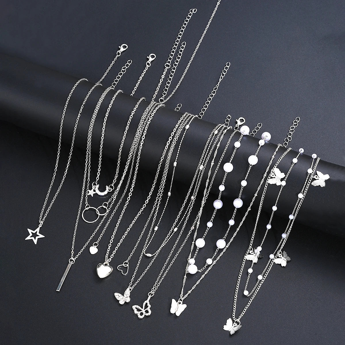 Women's Heart Butterfly Moon Star Pearl Necklace Set 11pcs