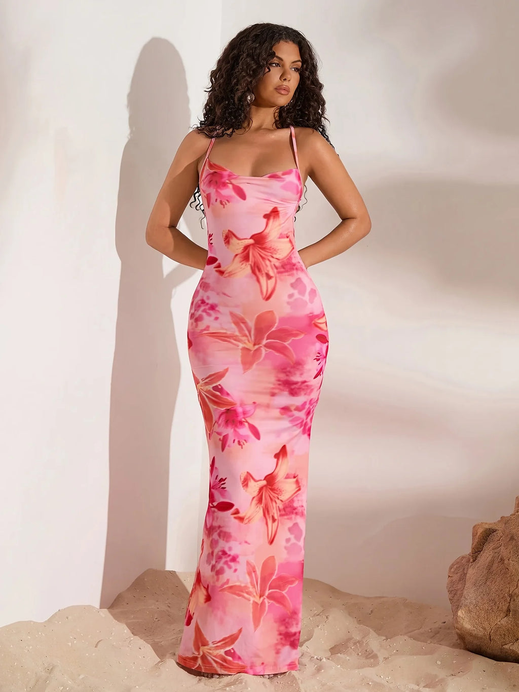 Pink floral off-shoulder mermaid dress, sleeveless A-line silhouette.