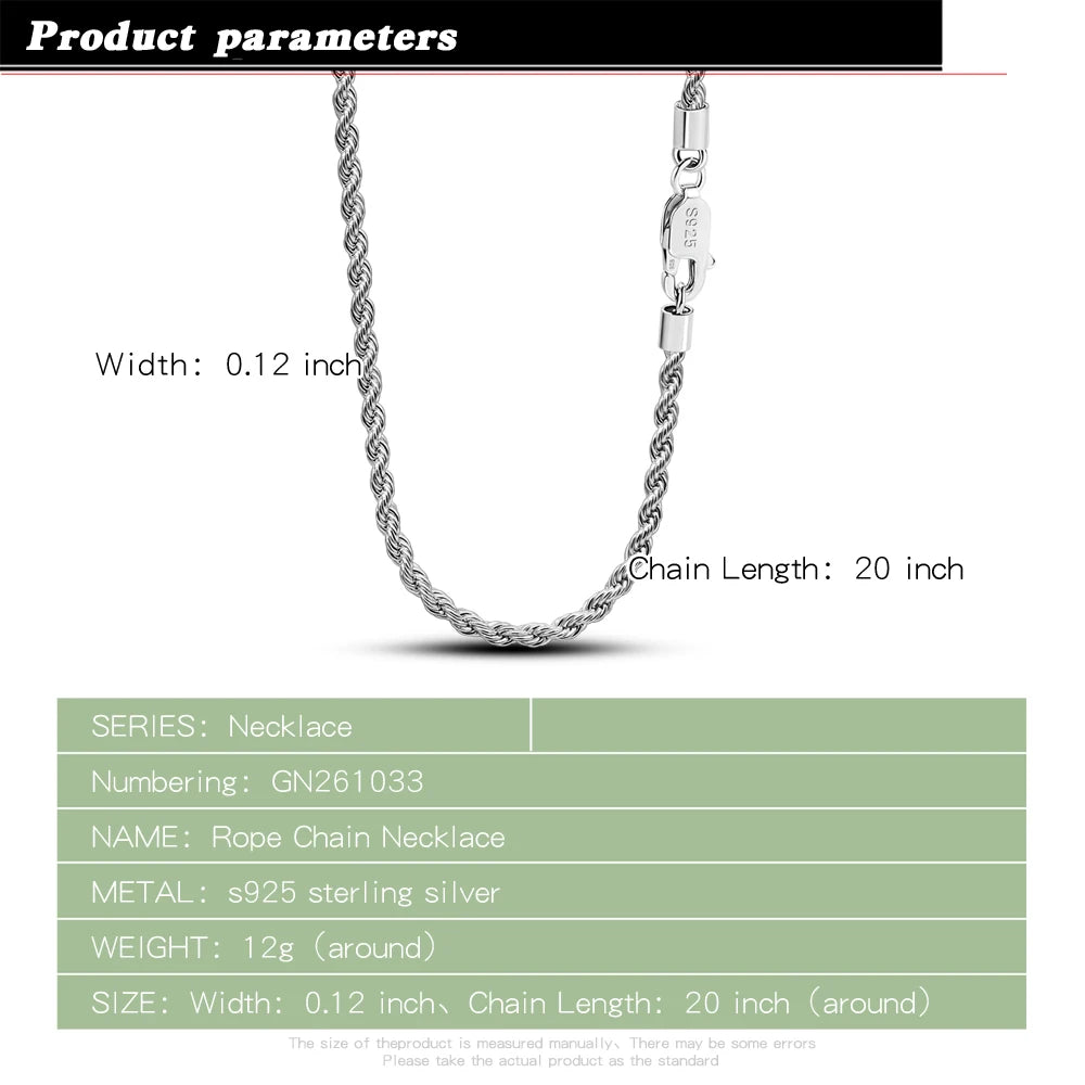 Unisex 925 Silver Twist Rope Diamond Cut Chain Necklace