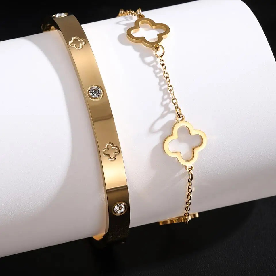 Women's Lucky Clover & Heart Zircon Bracelet Set 2pcs