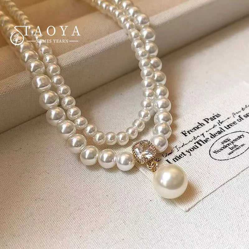 Women's Double Layer Pearl Bead Collarbone Necklace