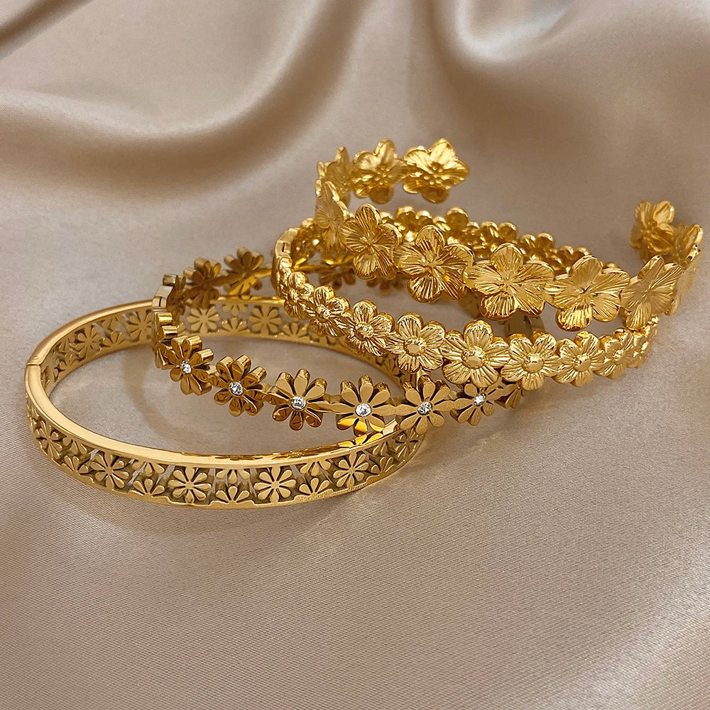 Women's Stainless Steel Hollow Floral Cuff Bangle