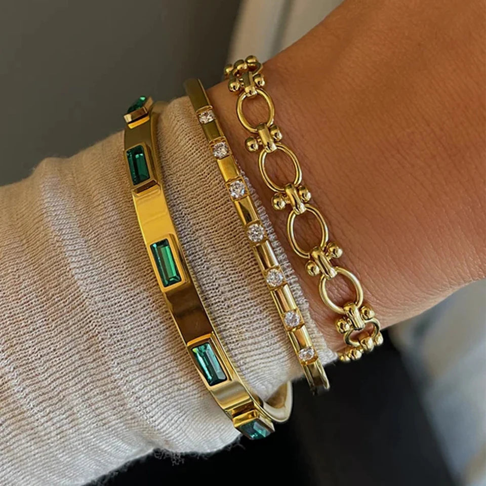 Women's Gold Zircon Stainless Steel Stacked Bangle Set 3pcs