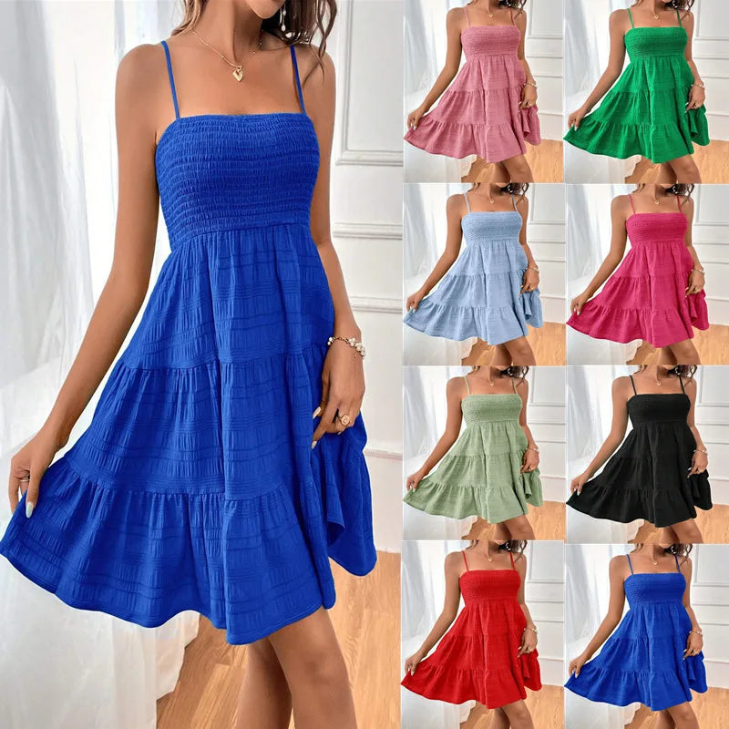 Blue ruffled tiered swing dress for summer vacation.