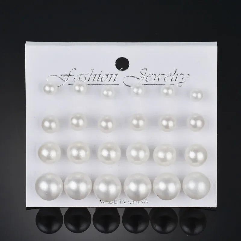 Pearl Stud Earrings Set (12 pairs)